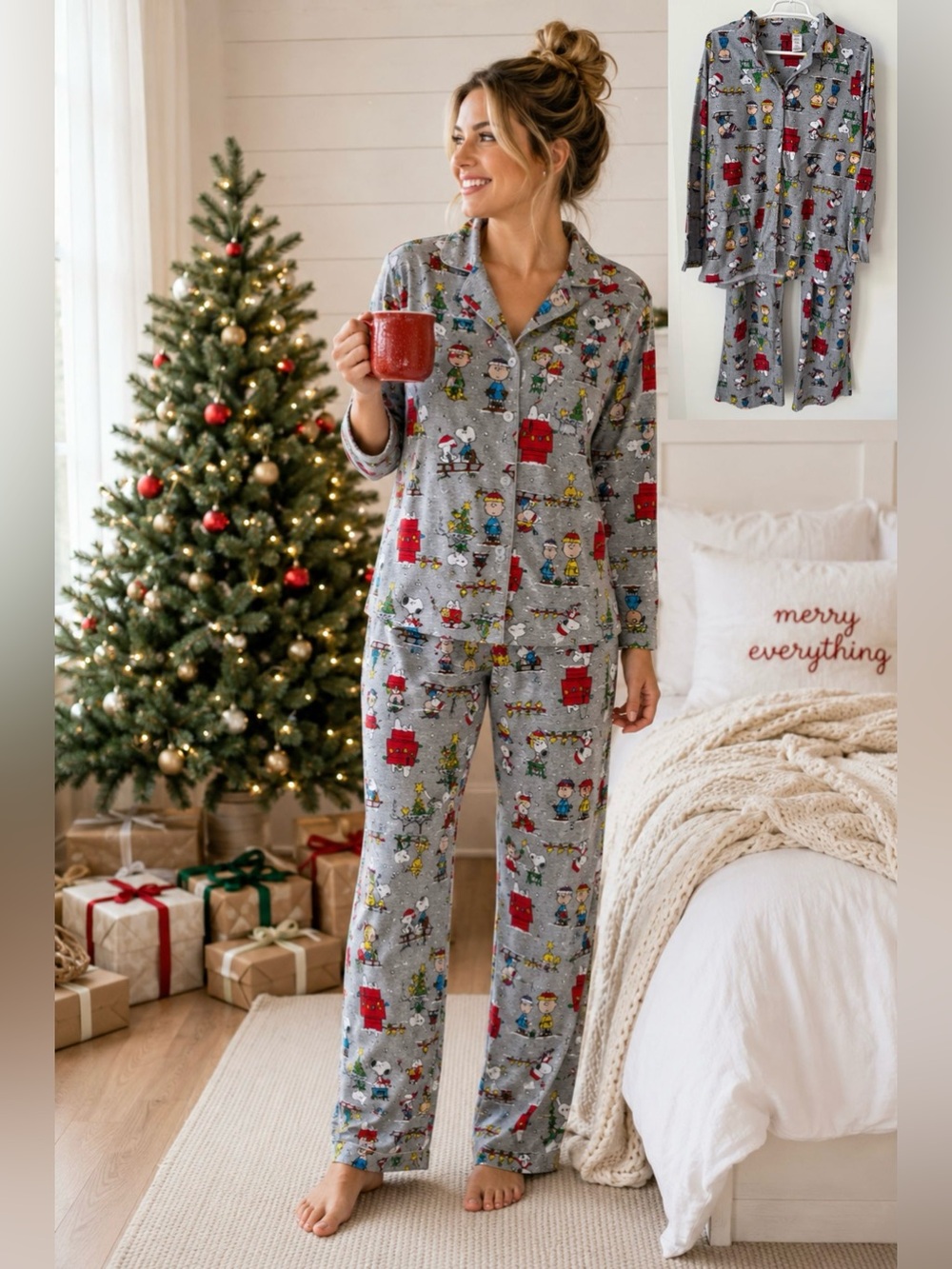 Peanuts Snoopy Christmas Holiday Pajama Set Gray Button Front Lounge Sleepwear